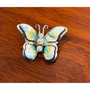 Vintage white enamel with green yellow accent brooch